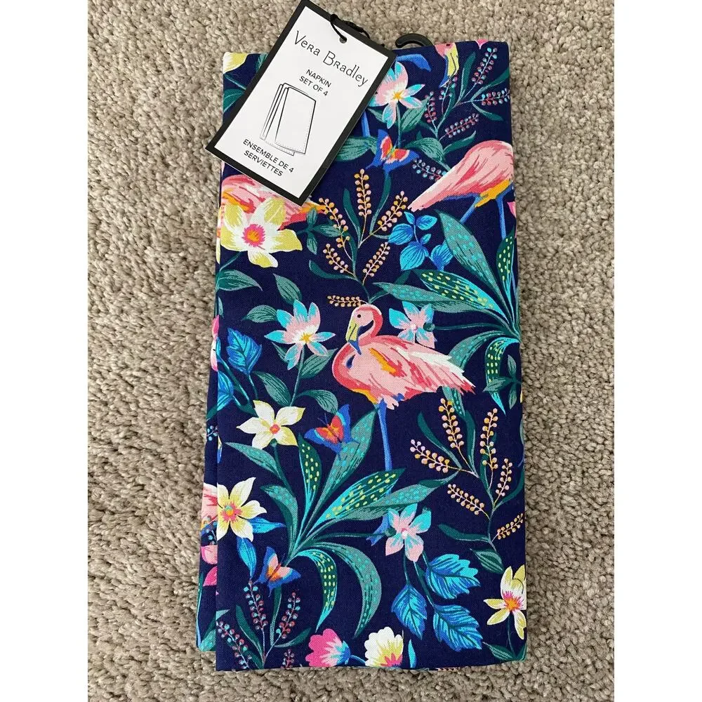 New Vera Bradley Flamingo Garden 100% Cotton Set of 4 Napkins